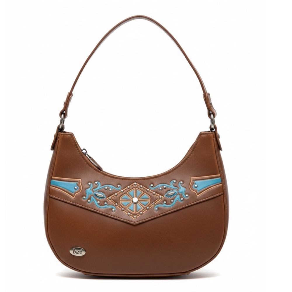 LEI Brown Faux Leather Hobo Shoulder Bag Turquoise Embellishments Y2K Statement